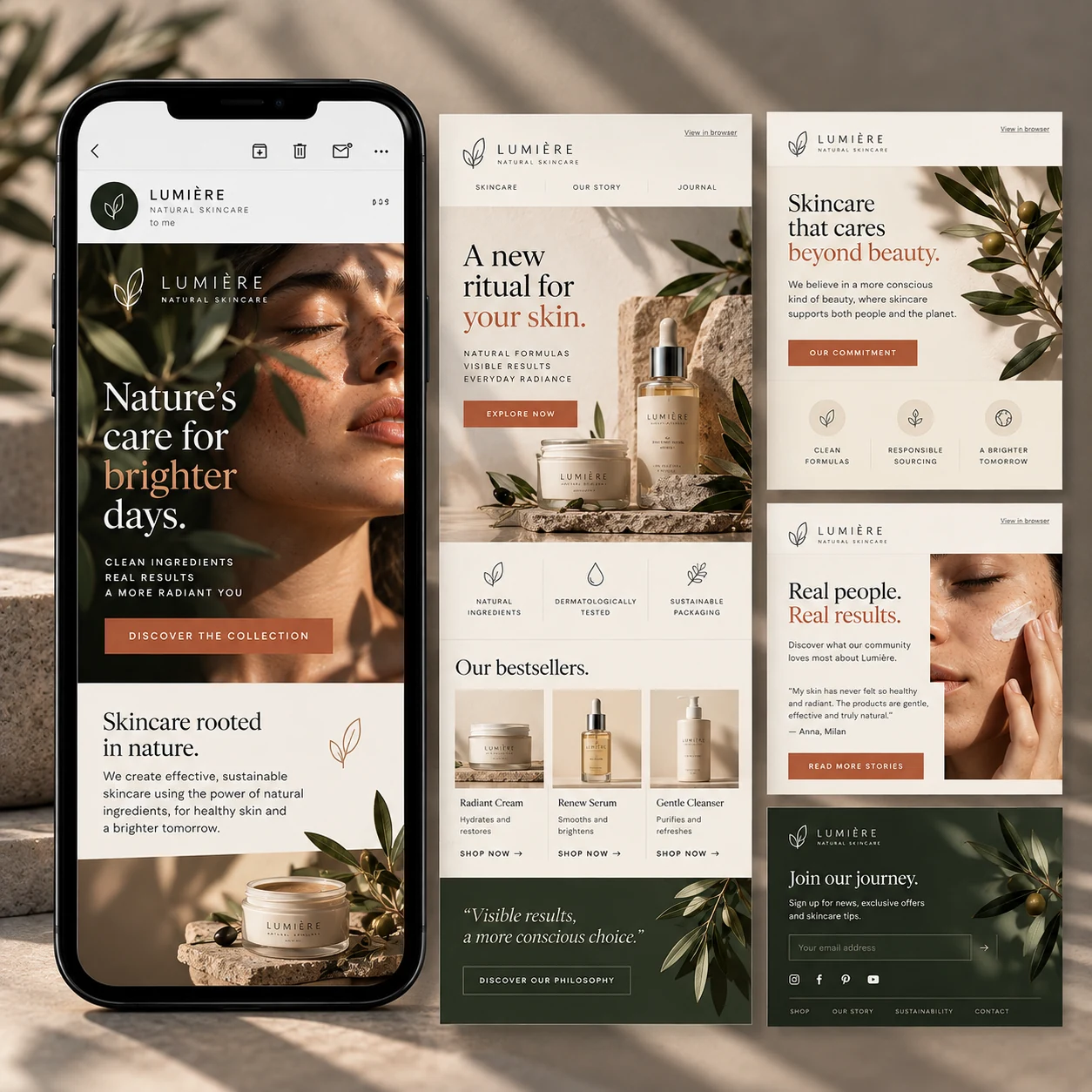 Luxury skincare email campaign shown as a designed email system across mobile and desktop layouts