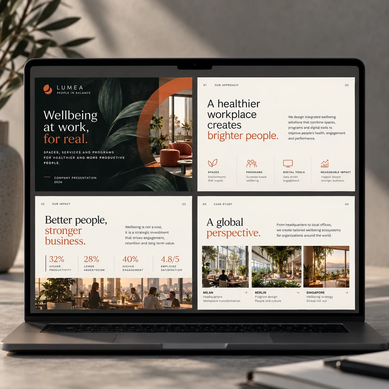 Business PowerPoint presentation mockup showing four coordinated slides on a laptop