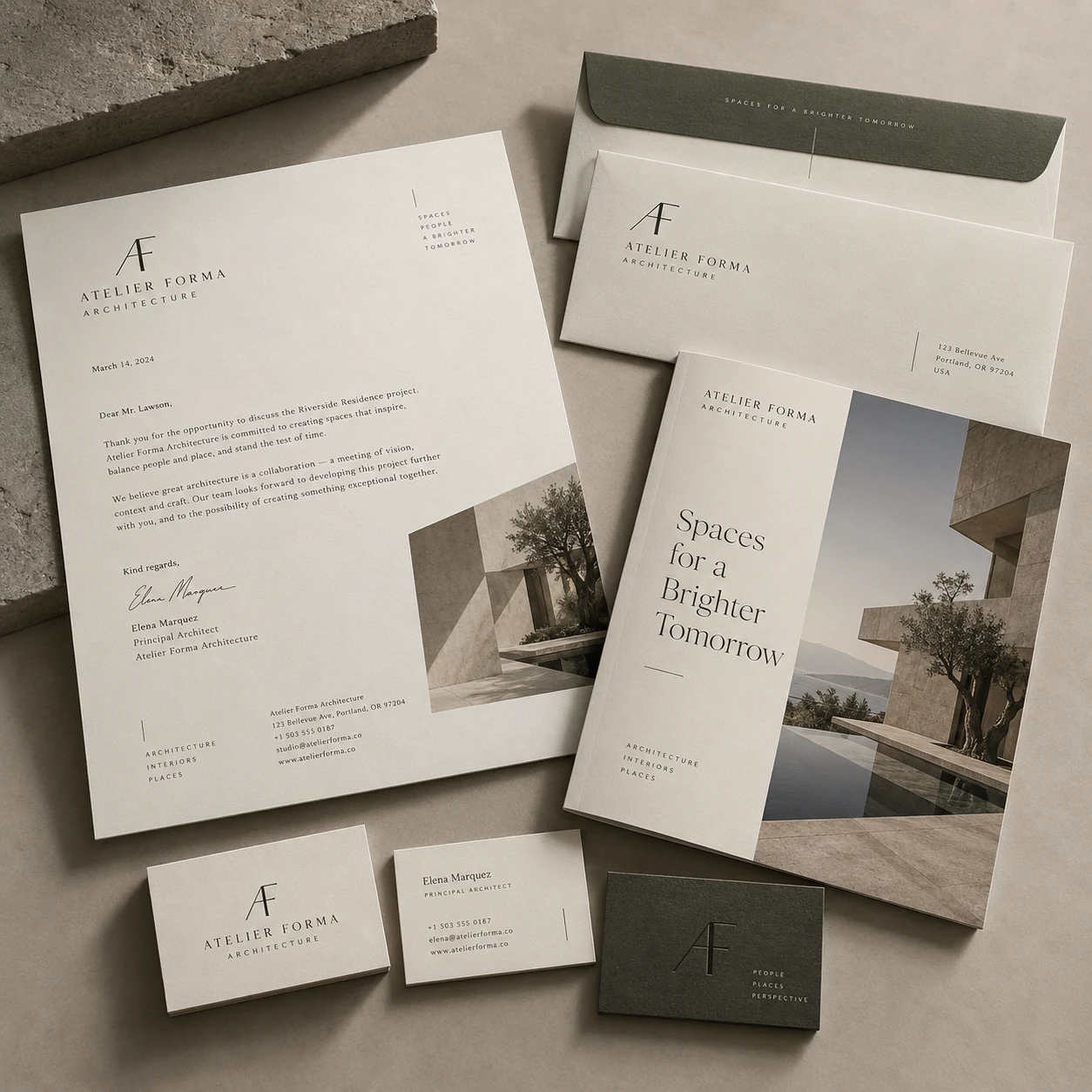 Atelier Forma architecture stationery system with letterhead, envelopes, business cards and brochure